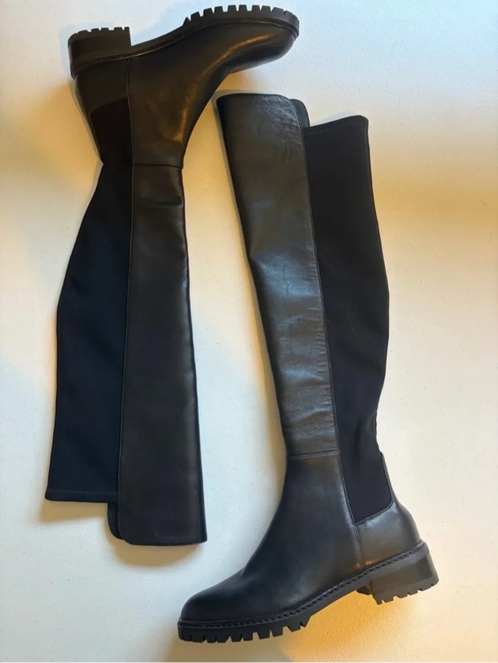 Stuart Weitzman Black Leather Stretch Over the Knee Lug Sole Boots size 35 4.5